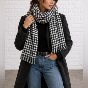 Black White Houndstooth Blanket Scarf Oversized Wrap Shawl Fringe Cozy